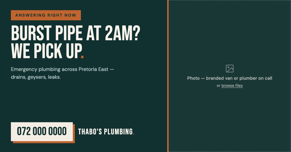 Emergency plumbing Facebook banner ad for Thabo's Plumbing