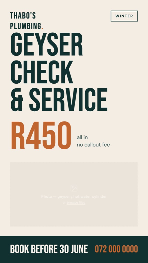Winter geyser service special WhatsApp status poster for Thabo's Plumbing