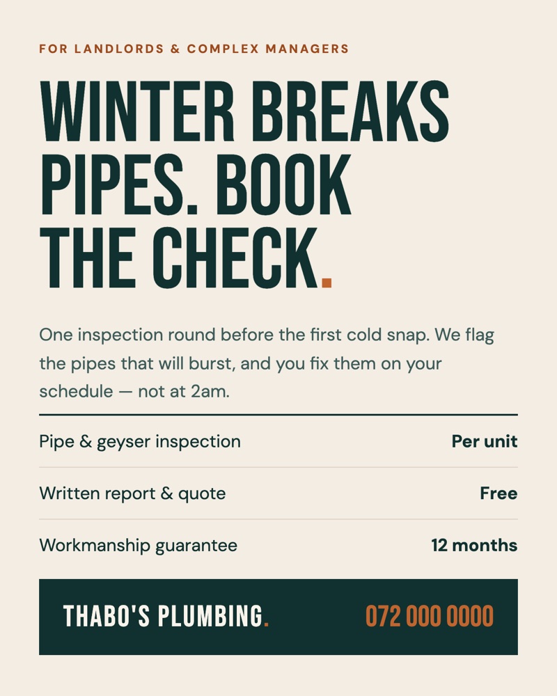 Winter pipe check LinkedIn post for Thabo's Plumbing
